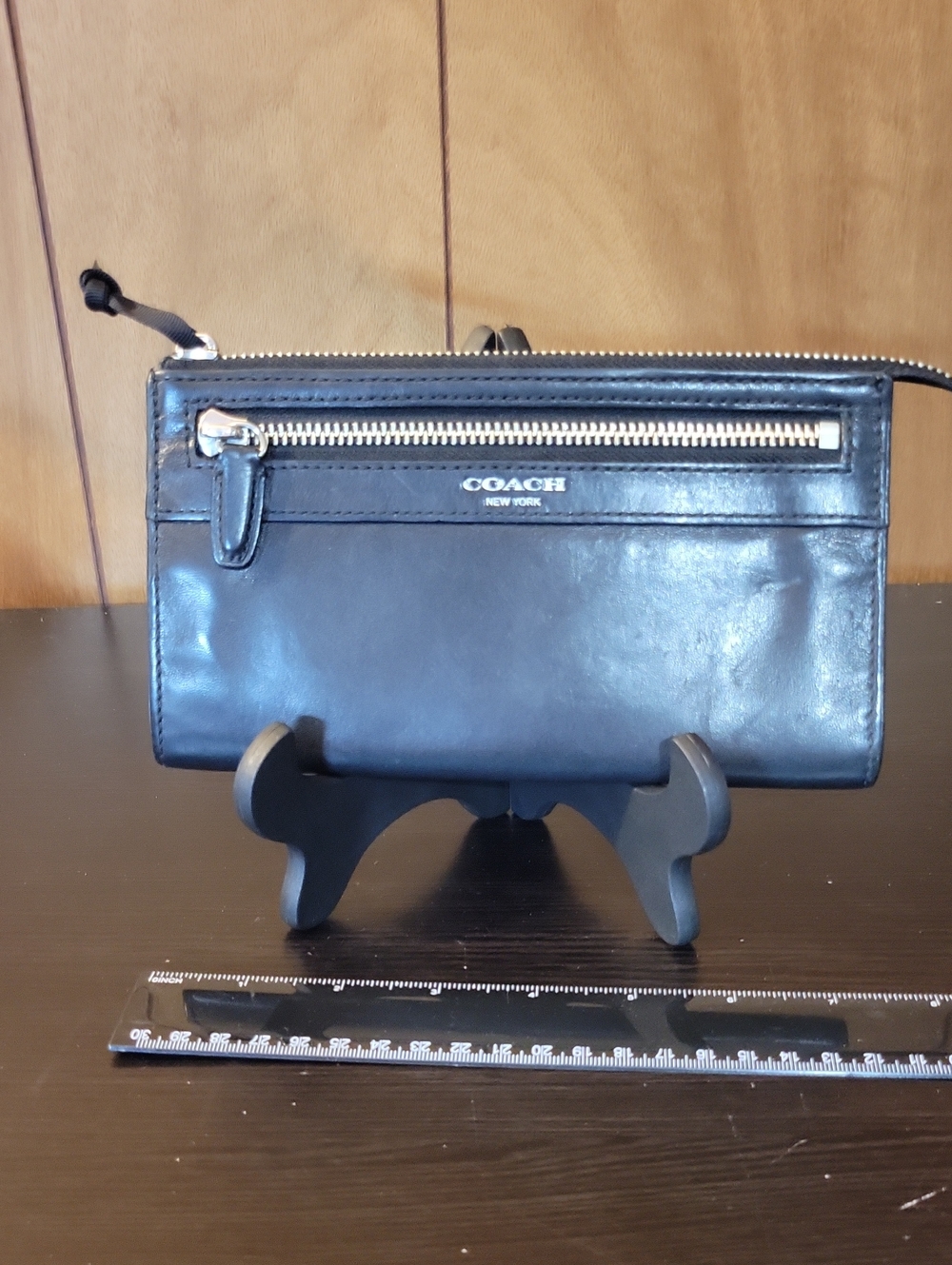 Coach Black Leather Wristlet, Wallet with Front Zip Pocket
